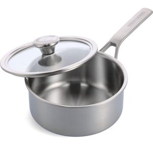 Roestvrijstalen braadpan 18 cm/2 liter met deksel, professioneel koken, meervoudig gecoat, meetmarkeringen, druppelvrije gietranden, duurzaam deksel, inductie, oven en