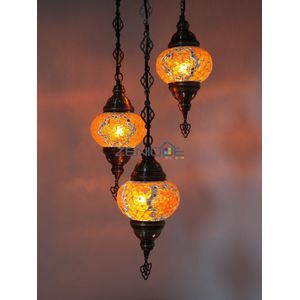 Turkse Lamp - Hanglamp - Mozaïek Lamp - Marokkaanse Lamp - Oosters Lamp - ZENIQUE - Authentiek - Handgemaakt - Kroonluchter - Oranje - 3 bollen