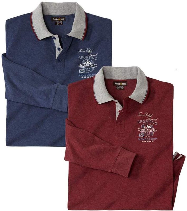ATLAS FOR MEN - 2-delig poloshirt met lange mouwen - verkrijgbaar in grote maten, rode wijn, donkerblauw, 5XL