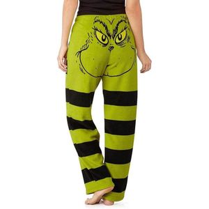 Groene kerstpyjamabroek voor vrouwen in plus size met Grinch motief, gestreept patroon en wijde pijpen.