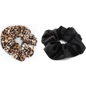 BY-ST6 - Scrunchie Haarelastiek - Duopack/ set  - kleuren zwart + bruine tijger/ panter print - velvet - haarelastiek - one size