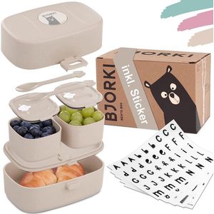 Bento Box voor kinderen, inclusief bonus naamstickers, lekvrije lunchbox met vakken, duurzame broodtrommel voor kinderen voor kleuterschool en school, de snackbox voor onderweg (pastelbeige)