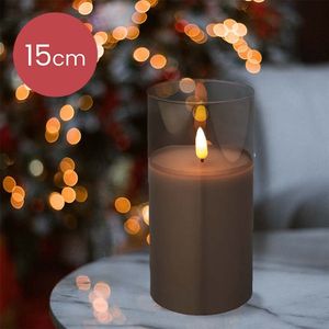 LED kaars cedar bruin met rook glas en vlam effect - 7,5 x 15cm - voor binnen