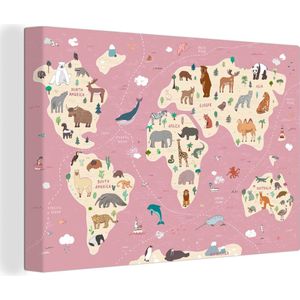 Muurdecoratie kinderkamer - Canvas doek kids - Wereldkaart - Aarde - Dieren - Roze - Kinder decoratie - Canvas kinderen - 60x40 cm