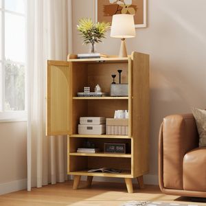 Dressoir met 3 echte rotan deuren, 2 lades, 2 open vakken, hout