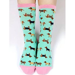 Teckel - sokken - 1 paar sokken - teckelprint - maat 35/38 - groen - roze - hond - dachshund - teckelsokken - teckel sokken