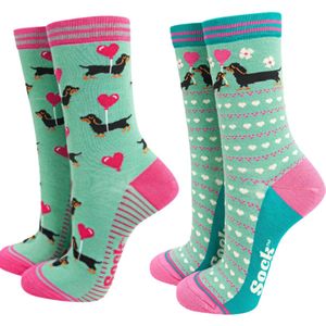 Teckel - sokken - 2 paar sokken - teckelprint - maat 35/40 - groen - roze - hond - dachshund - teckelsokken - teckel sokken - hartjes