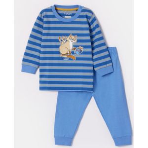 Woody pyjama baby jongens - blauw/geel gestreept - kat - 252-10-PLC-S/910 - maat 86