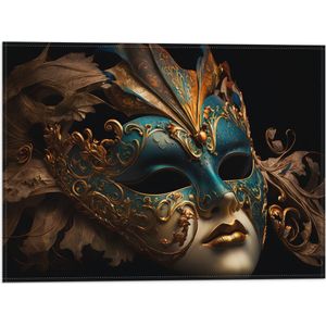 Vlag - Venetiaanse carnavals Masker met Blauwe en Gouden Details tegen Zwarte Achtergrond - 40x30 cm Foto op Polyester Vlag