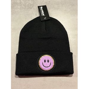 Beanie Smiley Zwart - Lila