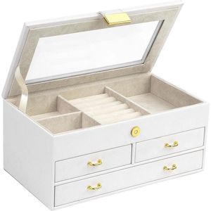 Sieradendoos, 3 verdiepingen sieradendoosje met roségouden gesp, sieradenopslag van PU-leer, zacht fluweel, cadeau voor je dierbaren en vrienden (Bianco-11-6)