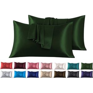 Set van 2 kussenslopen van satijn, 50 x 80 cm, groen, voor bed, zacht bij aanraking, met zaksluiting, antimijt en hypoallergeen, bescherming voor haar, huid en antirimpels