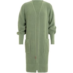 Knit Factory Patty Lang Gebreid Vest Sage Green - Gebreide dames cardigan - Lang vest tot over de knie - Lichtgroen damesvest - Pofmouw - 30% wol en 70% acryl - 36/38