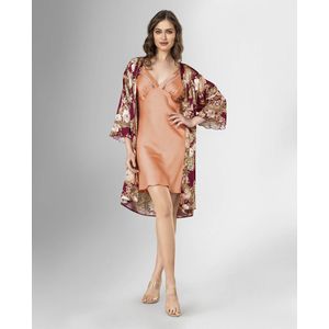 Satijn Dames 2- Delige Nachtjapon/ Ochtendjas -Pyjama- Luxe Pyjamaset- Nachtkleding - Bordeaux Maat S