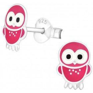 Oorbellen meisje | Zilveren kinderoorbellen | Zilveren oorstekers, roze uil