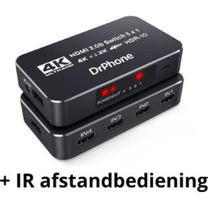 DrPhone ARC4 V2 5x 1 HDMI 2.0B HDMI Switch - 4K HDR10 - 5 IN 1 OUT - 4K 60Hz - Ondersteunt Dolby Vision -High Speed (Max tot 18.5Gbps) - HDCP 2.2 & 3D