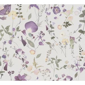 Vliesbehang - Bloemen - Paars Geel Groen - Lichte Achtergrond