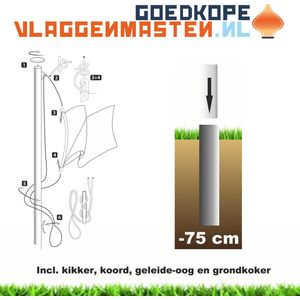 Vlaggenmast BASIC 8 meter aluminium cilindrisch ø 85 mm, grijs incl. knop, kikker, koord en geleide-oog en grondkoker - 8508A1A