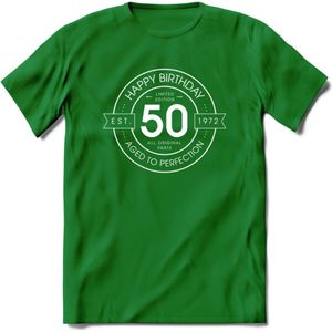 50th Happy Birthday T-shirt | Vintage 1972 Aged to Perfection | 50 jaar Abraham en Sarah verjaardag cadeau | Grappig feest shirt Heren – Dames – Unisex kleding | - Donker Groen - XXL