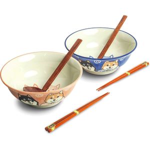 Luxe - Ramenbowlset - Shiba - 2 Persoons - Ramen bowl set - 6 Delig - Ø22 cm H9 cm - Ramen - Ramen bowl - Noodles - Noodles ramen - Noodle kom - Sushi stokjes - Houten Lepel - Chopsticks - Eetstokjes - Soeplepel - Kom - Schaal - Sushi servies