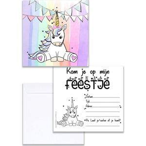 Uitnodiging Kinderfeestje Eenhoorn - Unicorn - Kinder - Regenboog - 10 stuks