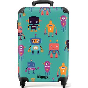 NoBoringSuitcases.com® - Handbagage koffer lichtgewicht - Reiskoffer trolley - Robots in vrolijke kleuren op groene achtergrond - Rolkoffer met wieltjes - Past binnen 55x40x20 en 55x35x25