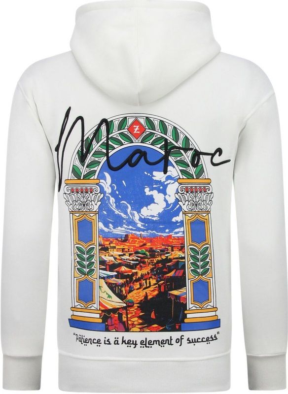 Oversized Hoodie Heren met Capuchon - Maroc Print - Dik Geweven - 5818 - Wit