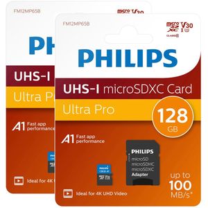 2x Philips FM12MP65B - Micro SDXC kaart 128GB incl. adapter - Class 10 - UHS-I U3 - 2-Pack