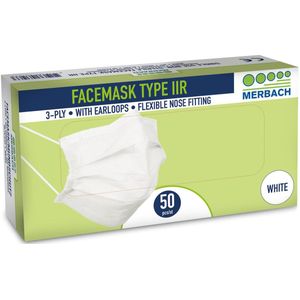 20 doosjes van 50 stuks Merbach mondmasker wit 3-lgs IIR oorlus