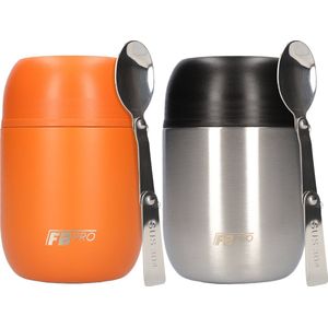 Thermos Voedselcontainer met Lepel x2 - Thermoskan Set van 2 - Voedsel container voor noodles, soep, havermout, ijs, babyvoeding en meer! - Yoghurt beker to go - Thermosbeker voor het meenemen van eten - Oranje & RVS Zwart - 420ml