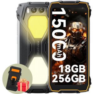 Blackview BV7300 - Outdoor Smartphone - 15000mAh - 18GB RAM - 256GB ROM - Met Leren Hoesje - Dual 800LM Campingverlichting - 50MP Nachtzichtcamera IP68 - NFC - Geel