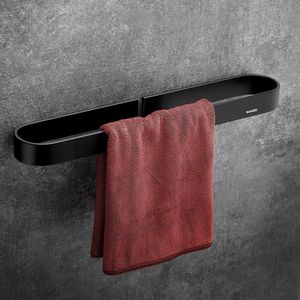 Handdoekstang, handdoekhouder, zonder boren, 40 cm, handdoekring, gepatenteerde lijm + zelfklevende lijm, aluminium, matte afwerking, zwart