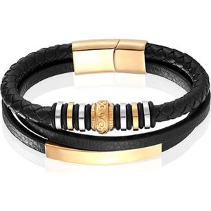 Mendes Jewelry Heren Armband - Zwart Leder met Bedels en Gouden Sluiting-19cm