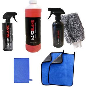 Nanoglans Auto cleaning starter pakket | 7 Delig | Auto Coating | Auto wassen | Autoshampoo | Velgenreiniger | Washandschoen | Microvezeldoeken | Clay Mitt
