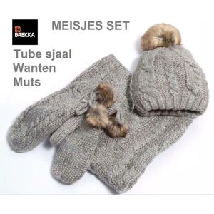 Meisjes set - Muts - tube sjaal - wanten - met pompom - grijs en lurex - one size