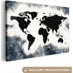 Canvas Wereldkaart - 90x60 - Wanddecoratie Wereldkaart - Hout - Zwart