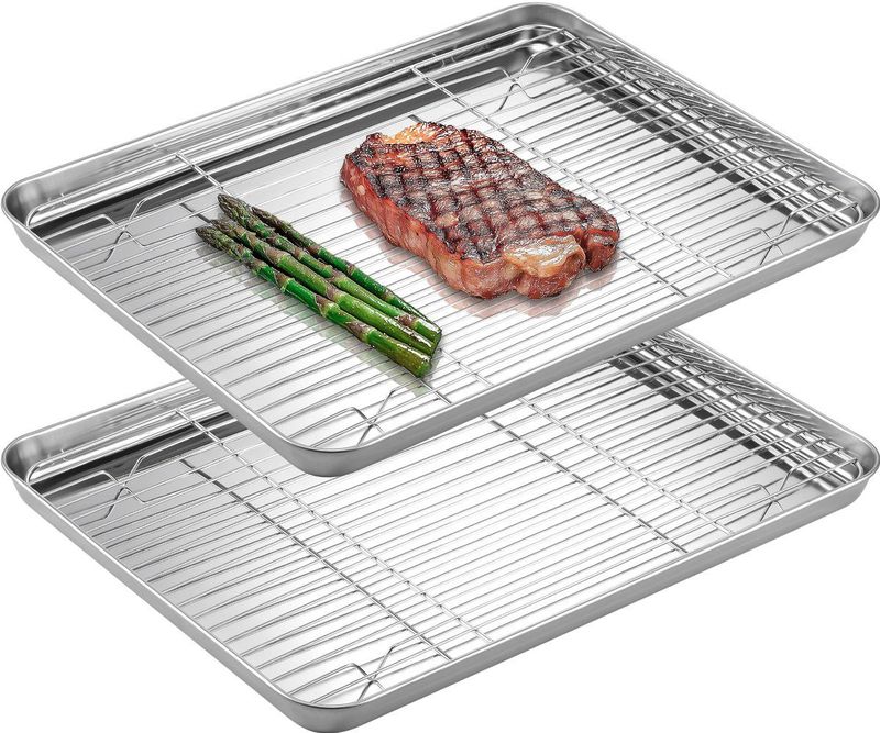 Navaris - Paneerset en Braadschaal - Roestvrijstaal - 2 Stuks - 40 x 30 x 2,54 cm - Stapelbare Ovenschalen