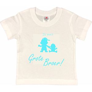 Shirt Aankondiging zwangerschap Ik word grote broer 2.0 | korte mouw | Wit/aquablauw | maat 122/128 zwangerschap aankondiging bekendmaking Baby big bro brother Grote Broer
