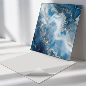 Wallfluent Vinyl Wandpaneel - Abstract marmerpatroon Vinyl Wandbekleding - 50 cm x 50 cm - Blauw PVC wandpaneel - Verpakking van 4 stuks - Vierkant Wandbekleding Vinyl - Texturen Wandpaneel - Zelfklevend Muurpaneel - Wandpaneel Keuken en Badkamer