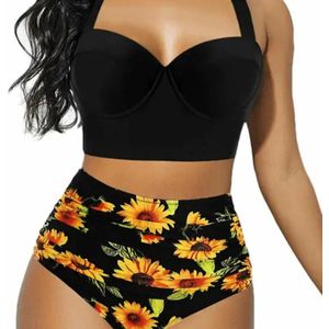 Push up bikini set Black Flowers - Hoge taille - Sexy look - Zwemkleding vrouwen - Bloemenprint - Zeer goede kwaliteit - Rood - oranje - Blauw