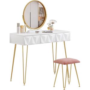 Kaptafel met kruk en spiegel, 360 graden draaibaar, make-up-spiegel, kaptafel met 3 laden, gevoerde fluwelen kruk, 3D-effect lade, wit en goud
