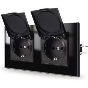 Dubbel Inbouwstopcontact Zwart 16A - Waterdicht Glazen Stopcontact met Deksel 250V