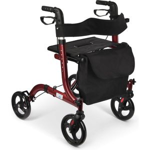 MedWalk - Rollator - Lichtgewicht - Opvouwbaar - Zitfunctie - Voor Binnen En Buiten - Rugleuning En Wandelstok Houder - Rood