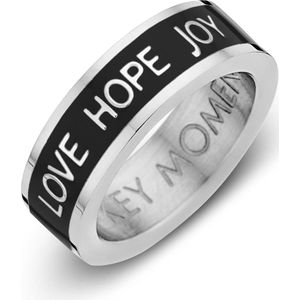 Key Moments Color 8KM R0001 52 Stalen Ring met Tekst - Love Hope Joy - Ringmaat 52 - Cadeau - Zilverkleurig / Zwart