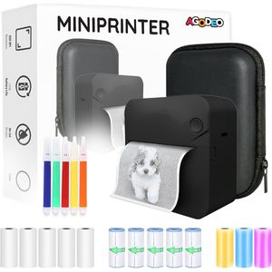 Mini Printer voor Mobiel - Standaard Afdrukresolutie (200 DPI) - Zwart-Wit Fotoprinter voor Smartphone - Mini Pocket Printer - Mini Printer Incl.1 Harde Etui + 13 Rollen Papier (Sticker, Normaal, Kleur) + 5 Pennen - Pocket Printer Smartphone
