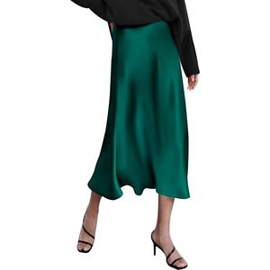 Dames midi-rok hoge taille effen kleur satijnen rok elegante mode