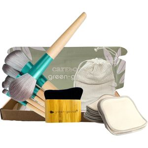 green-goose® Make-up Verzorgingspakket - 10 Bamboe Make-up Kwasten | Foundation Body Brush | 5 Bamboe 3 Laagse Wasbare Wattenschijfjes met Waszakje | Duurzaam Cadeau