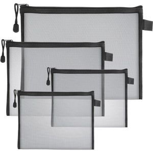 4 stuks ritszakken voor make-up en reisbenodigdheden - set van 3 maten - doorzichtig mesh design - draagbare organizer voor cosmetica - pennenetui met ritssluiting - zwart.