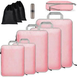Koffer-organizerset, 9 stuks, Packing Cubes, waterdichte reis-kledingtassen, verpakkingskubus, uitbreidbare paktassen, bagage-organizer voor reizen of thuis, roze