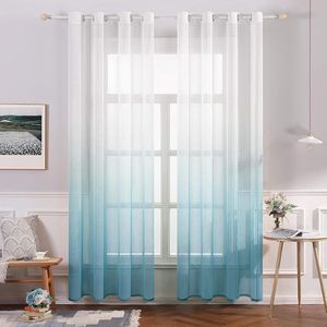 Set of 2 Sheer Curtains, Gradient Color, Voile Sheer Curtains with Eyelets, Decorative Window Curtain for Bedroom and Living Room, 245cm x 140cm (H x W), White & Blue